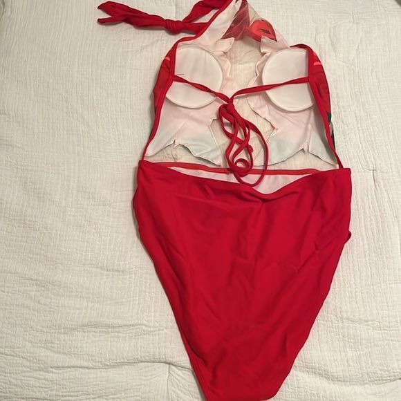 NWOT - Red Floral Halter Open Back One Piece Swimsuit - Picture 5 of 6